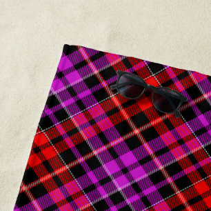 Black Red Purple Plaid Tartan Design  Beach Towel
