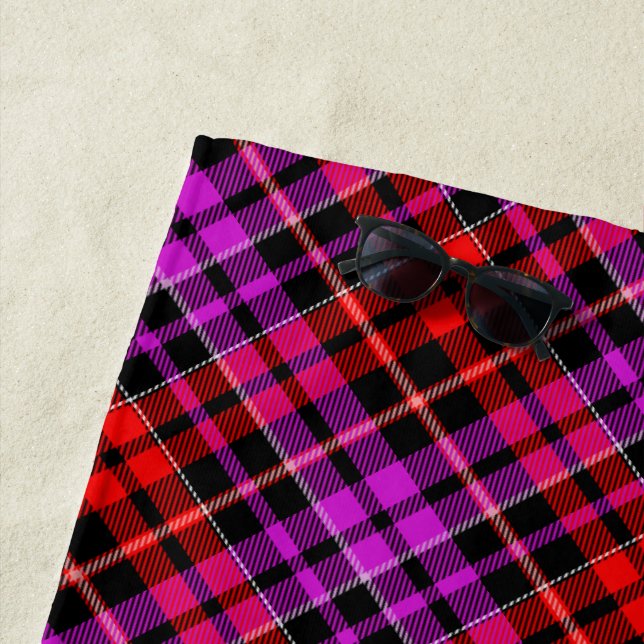 Black Red Purple Plaid Tartan Design  Beach Towel (In Situ)