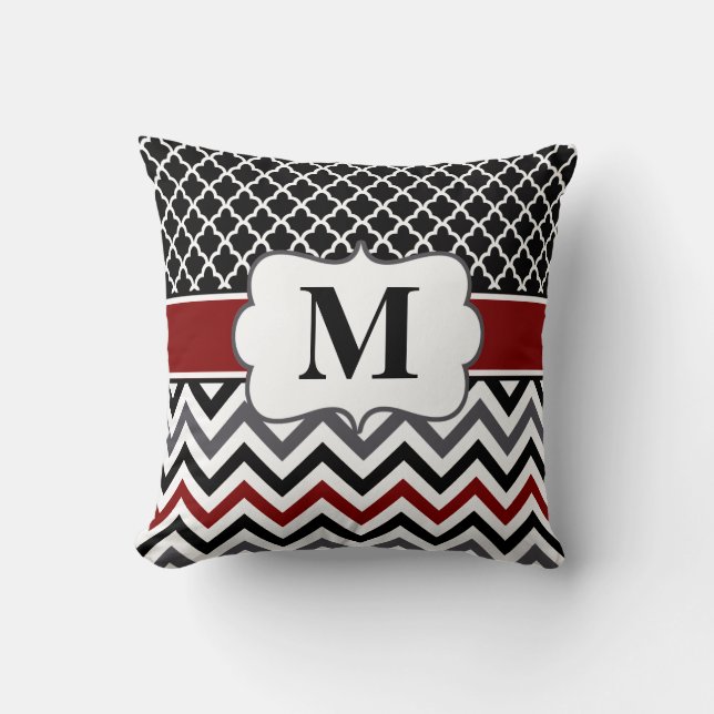 Black Red Quatrefoil Chevron Throw Pillow (Front)