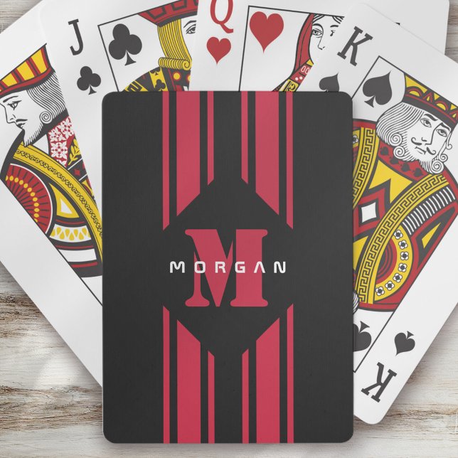 Black Red Racing Car Stripe Monogram Poker Cards (Creator Uploaded)
