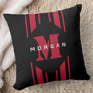 Black Red Racing Car Stripe Monogram Throw Pillow