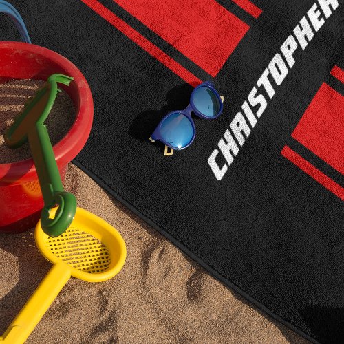 Black Red Racing Stripes Gold Monogrammed Pool Beach Towel