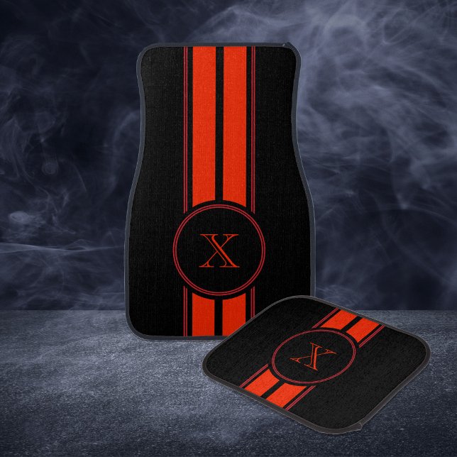 Black Red Racing Stripes Monogram Car Floor Mat (Creator Uploaded)