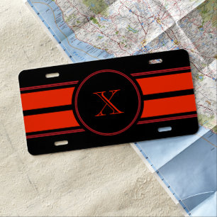 Black Red Racing Stripes Monogram License Plate