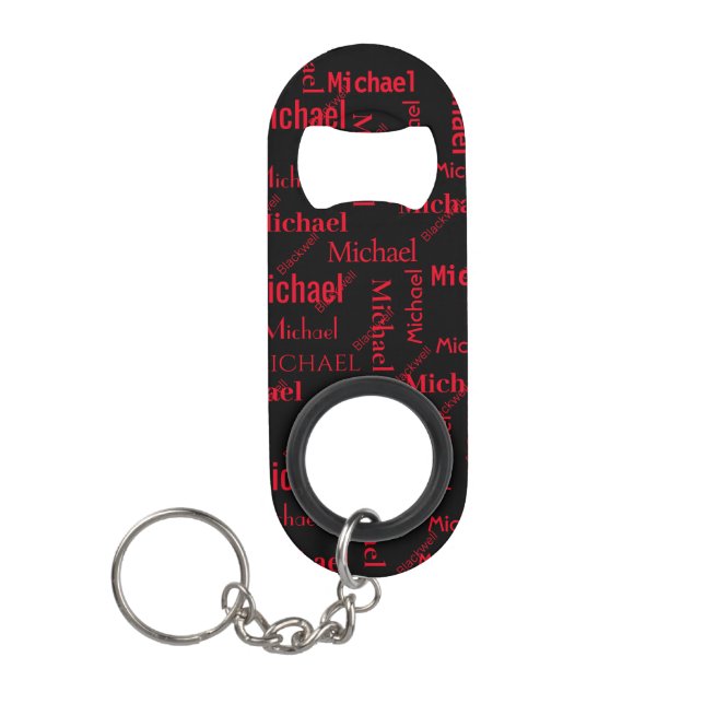 Black & Red Repeating First & Last Name Keychain Bottle Opener (Front)