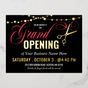 Black Red Ribbon Cutting Grand Opening Gold Foil Foil Invitation Postcard