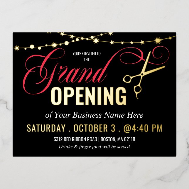 Black Red Ribbon Cutting Grand Opening Gold Foil Invitation Postcard (Front)