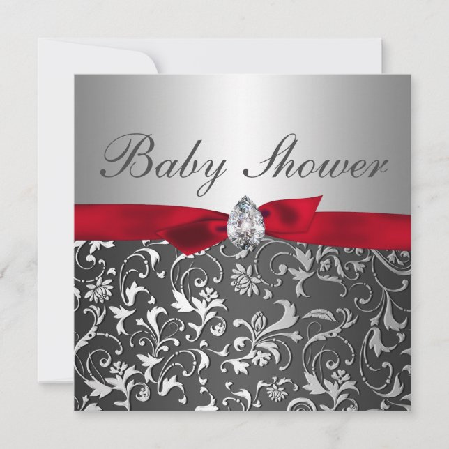 Black Red Ribbon Silver Flourish Baby Shower Invitation (Front)