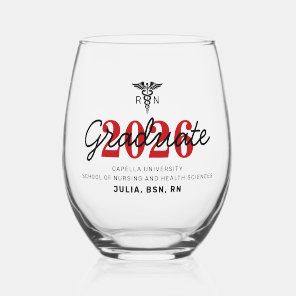 Black Red RN Nursing School Class Graduation Stemless Wine Glass