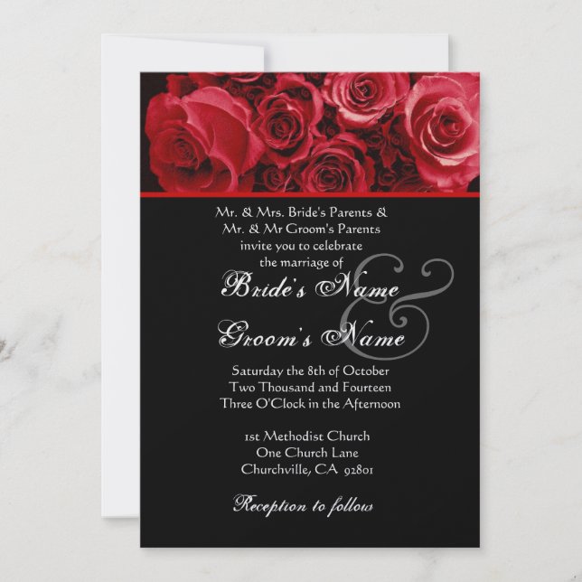 Black Red Rose Bouquet Wedding Metallic Paper Invitation (Front)