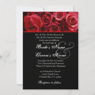 Black Red Rose Bouquet Wedding Metallic Paper Invitation