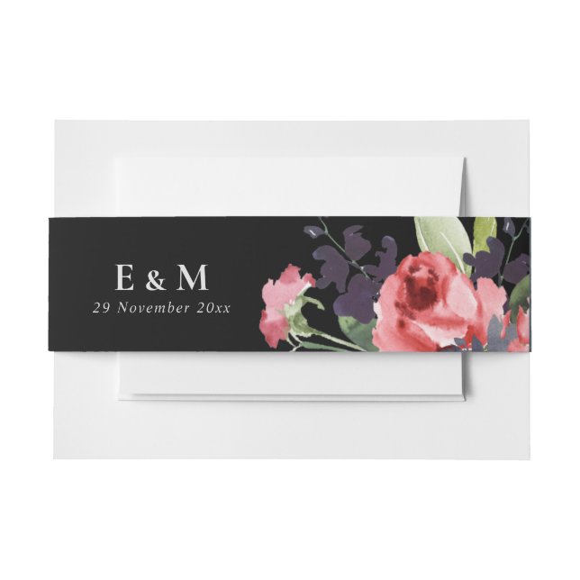 BLACK RED ROSE EUCALYPTUS FLORA WATERCOLOR WEDDING INVITATION BELLY BAND (Front Example)