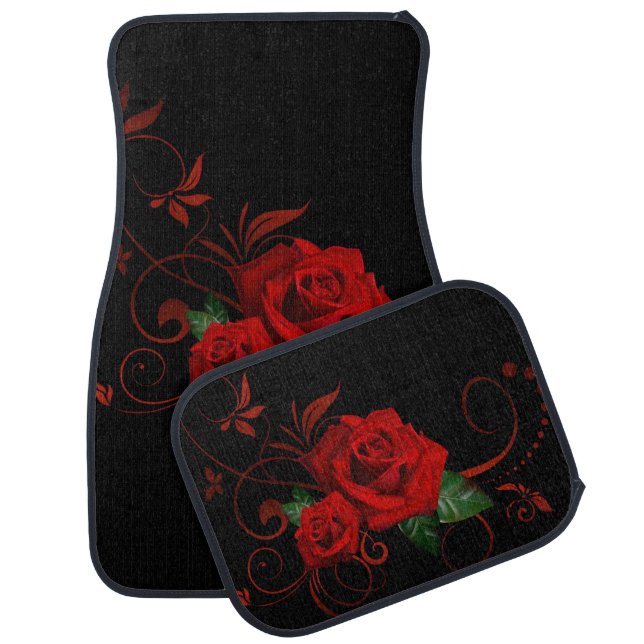 Black Red Rose Floral Floor Car Mats (Set)
