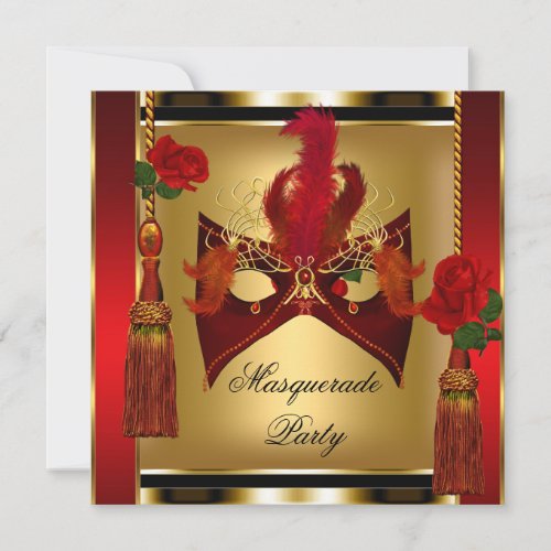 Black Red Rose Gold Masquerade Party Mask Invitation