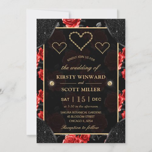 Black  Red Rose Pattern  Gold Diamonds Wedding Invitation