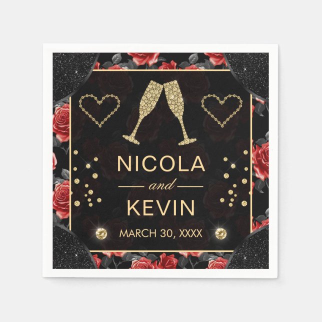 Black & Red Rose Pattern & Gold Diamonds Wedding Napkins (Front)