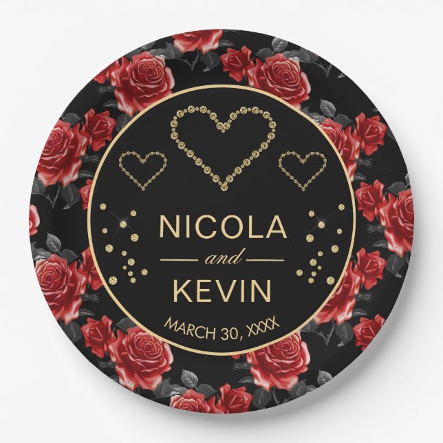 Black & Red Rose Pattern & Gold Diamonds Wedding Paper Plates (Front)