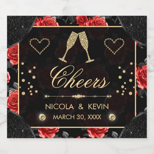 Black  Red Rose Pattern  Gold Diamonds Wedding  Sparkling Wine Label