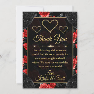 Black & Red Rose Pattern & Gold Diamonds Wedding Thank You Card