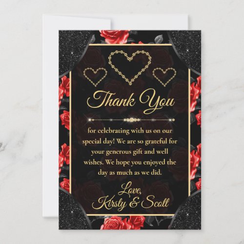 Black  Red Rose Pattern  Gold Diamonds Wedding Thank You Card