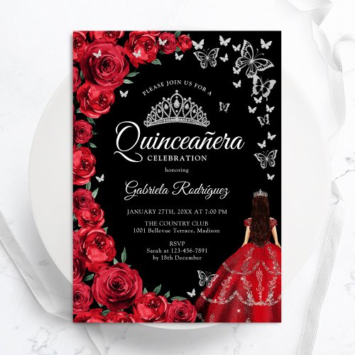 Black Red Roses Butterflies Quinceanera Invitation