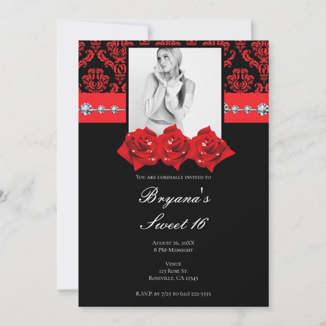 Black Red Roses Damask Sweet 16 Photo Invitation (Front)