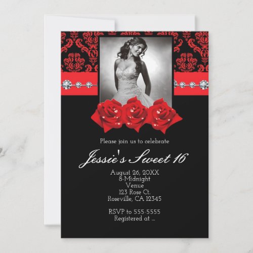 Black Red Roses Damask Sweet 16 Photo Invitation