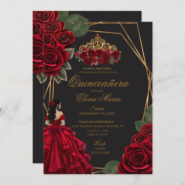Black Red Roses Gold Princess Quinceañera  Invitation (Front/Back)