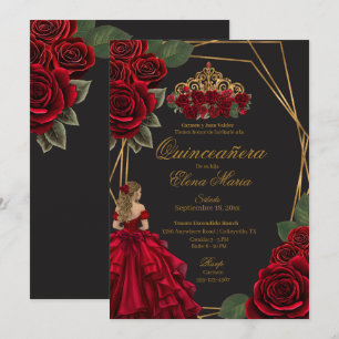 Black Red Roses Gold Princess Quinceañera  Invitation