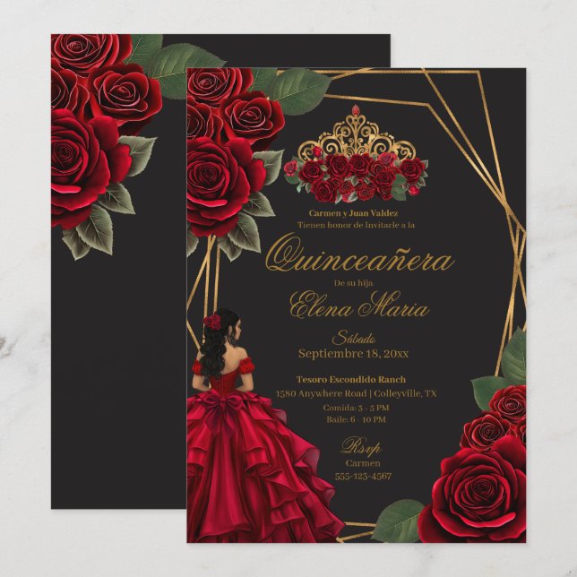 Black Red Roses Gold Princess Quinceañera  Invitation (Front/Back)