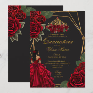 Black Red Roses Gold Princess Quinceañera  Invitation