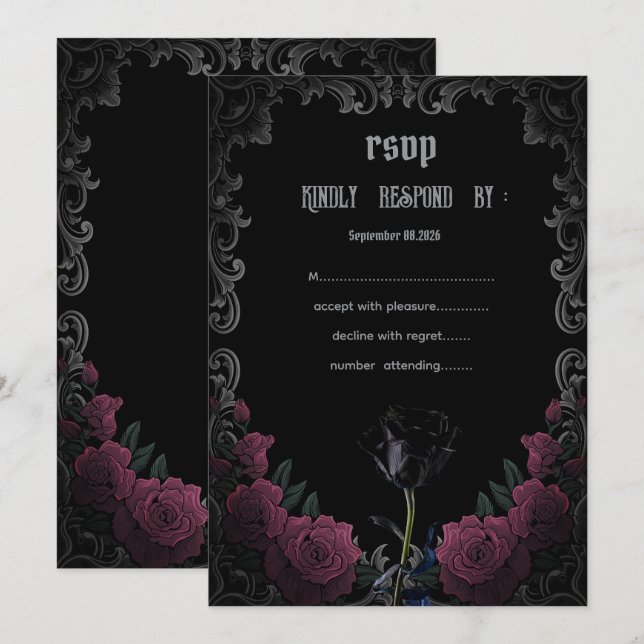  Black Red Roses Gothic  RSVP   Invitation (Front/Back)
