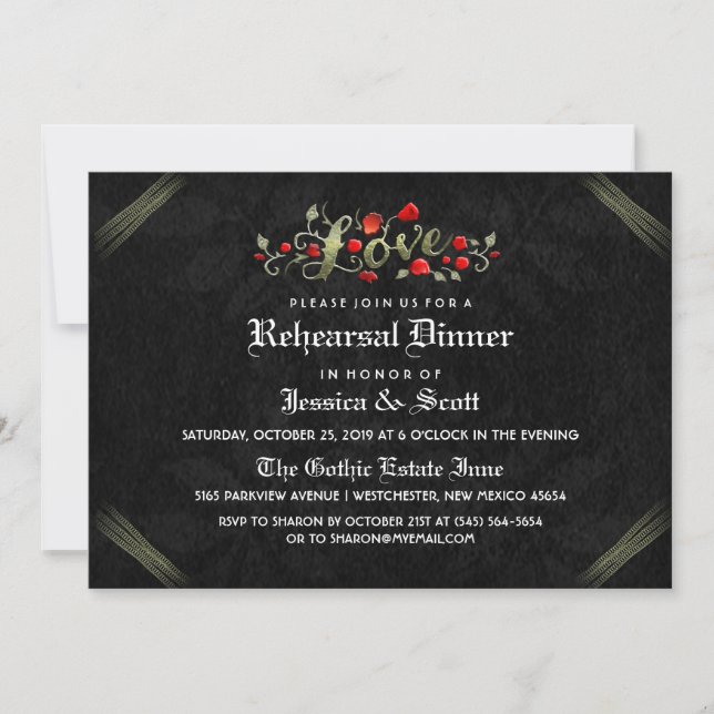 Black & Red Roses Gothic Wedding Rehearsal Invite (Front)