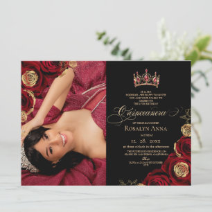 Black Red Roses Princess Quinceañera Invitation