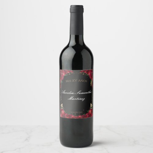 Black  Red Roses Quinceaera Wine Bottle Labels
