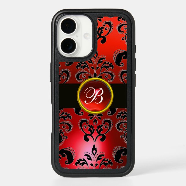 BLACK  RED RUBY DAMASK GEMSTONE MONOGRAM Floral iP Otterbox iPhone Case (Back)