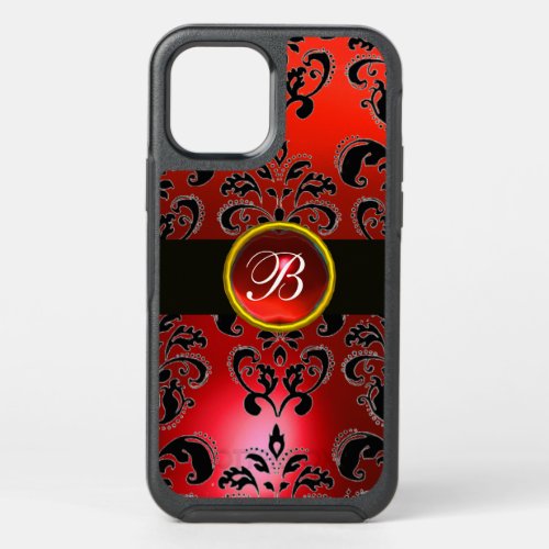 BLACK  RED RUBY DAMASK GEMSTONE MONOGRAM Floral iP OtterBox Symmetry iPhone 12 Case