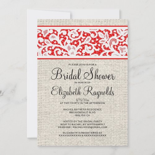 Black Red Rustic Burlap Linen Bridal Shower Invite