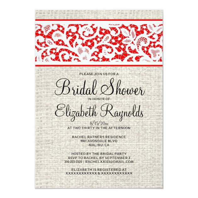 Black Red Rustic Burlap Linen Bridal Shower Invite