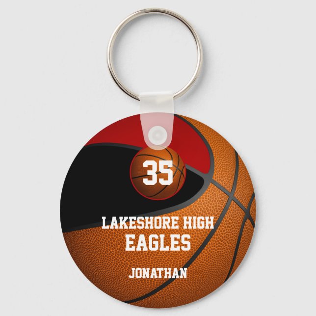 Black red school colors boys' basketball team keychain (Front)