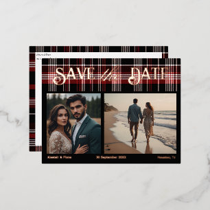Black & Red Scottish Tartan Save the Date Foil Invitation Postcard