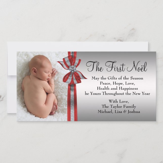 Black Red Silver Baby's First Christmas Photo Card (Front)