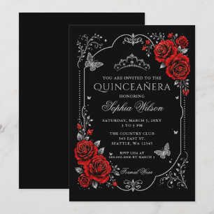 Black Red Silver Floral Butterfly Quinceanera Invitation