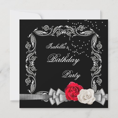 Black Red Silver Floral Roses Birthday Party Invitation