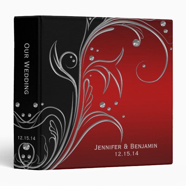 Black Red Silver Floral Scrolls Photo Album 3 Ring Binder (Front/Spine)