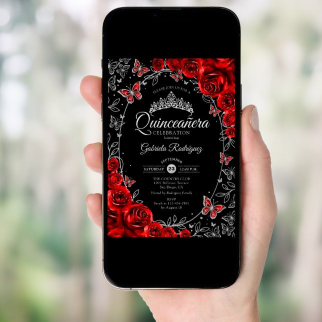 Black Red Silver Quinceanera Invitation (Front Digital)