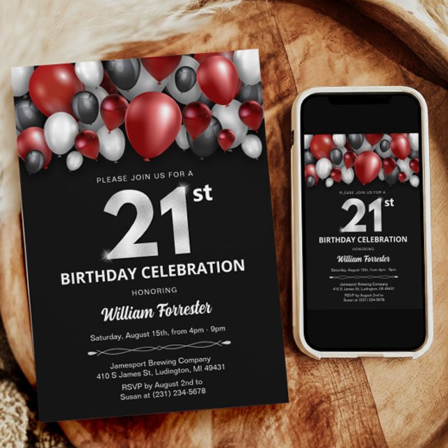 Black Red Silver & White 21st Birthday Invitation (Black Red Silver & White 21st Birthday Invitation)