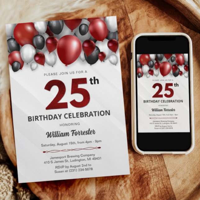 Black Red Silver & White 25th Birthday Invitation (Black Red Silver & White 25th Birthday Invitation)