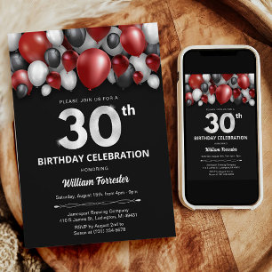Black Red Silver & White 30th Birthday Invitation