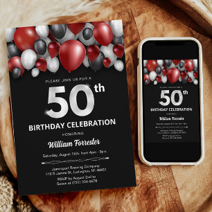Black Red Silver & White 50th Birthday Invitation